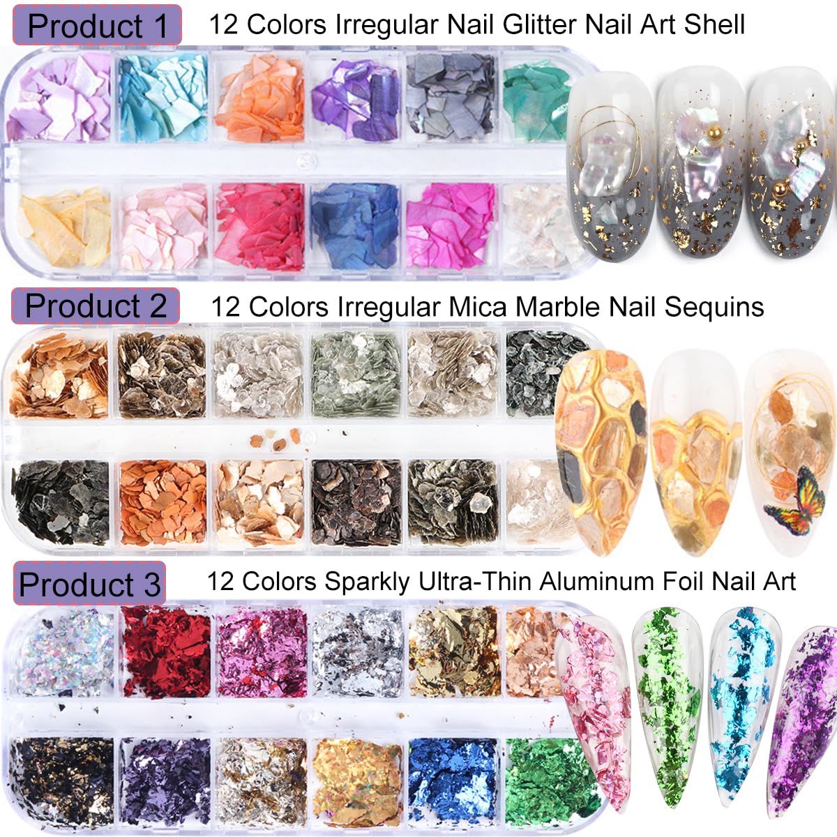 UARUOGP 3 Boxes 36 Grids Nail Art Foil Flakes Glitter Irregular Mica Seashell Flakes,Nail Supplies Glitter Slice Colorful Marble