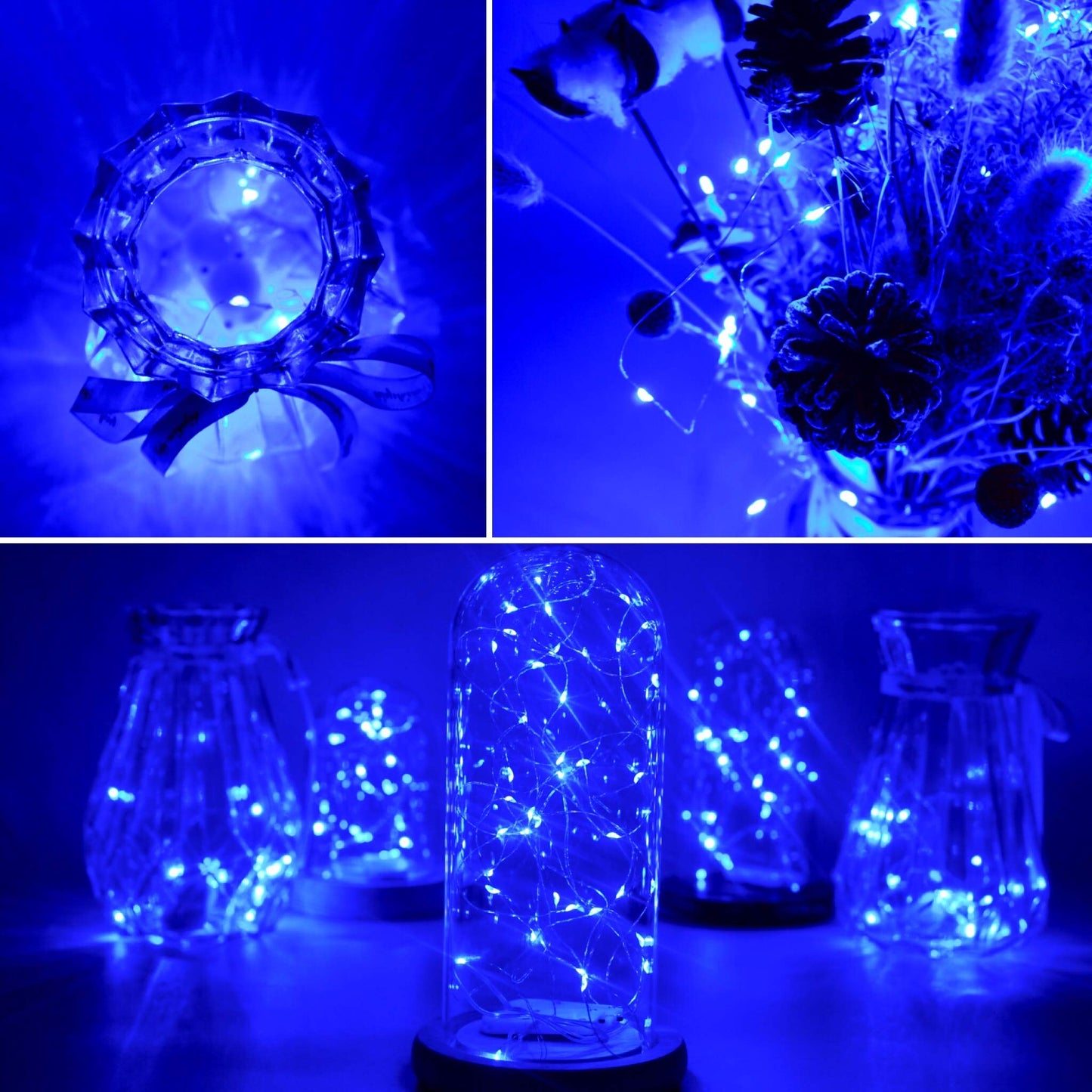 FELISHINE Fairy String Lights, 20 LEDs, 6.6FT, Battery Operated, Silver Copper Wire, Blue for Party, Wedding, Christmas Decorations