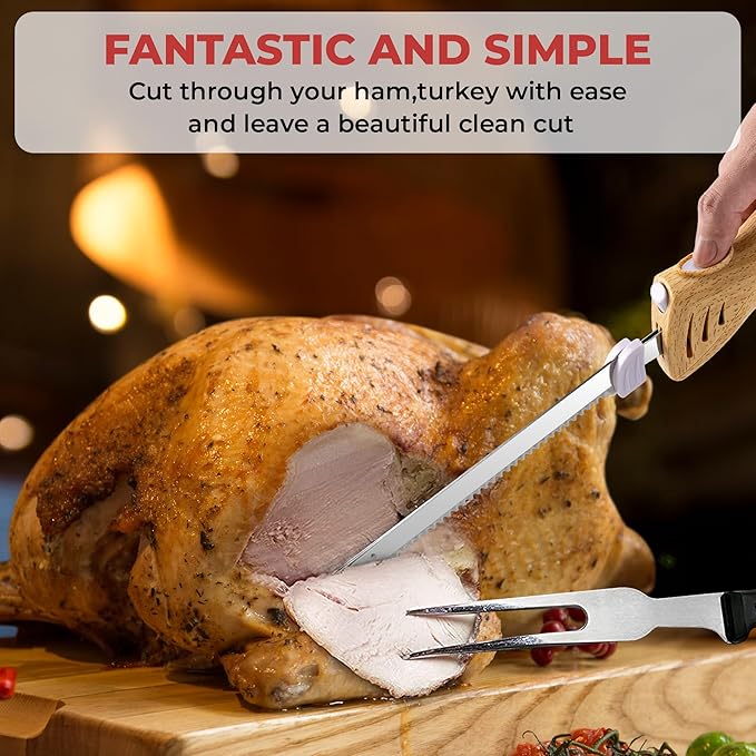 Electric Knife - Carving Knife Set, Easy-Slice Serrated Edge Blades for Meat, Bread, Turkey, Ribs, Fillet, DIY, Ergonomic Handle + 2 Blades for Raw & Cooked Food New Upgrade(Faux Wood)