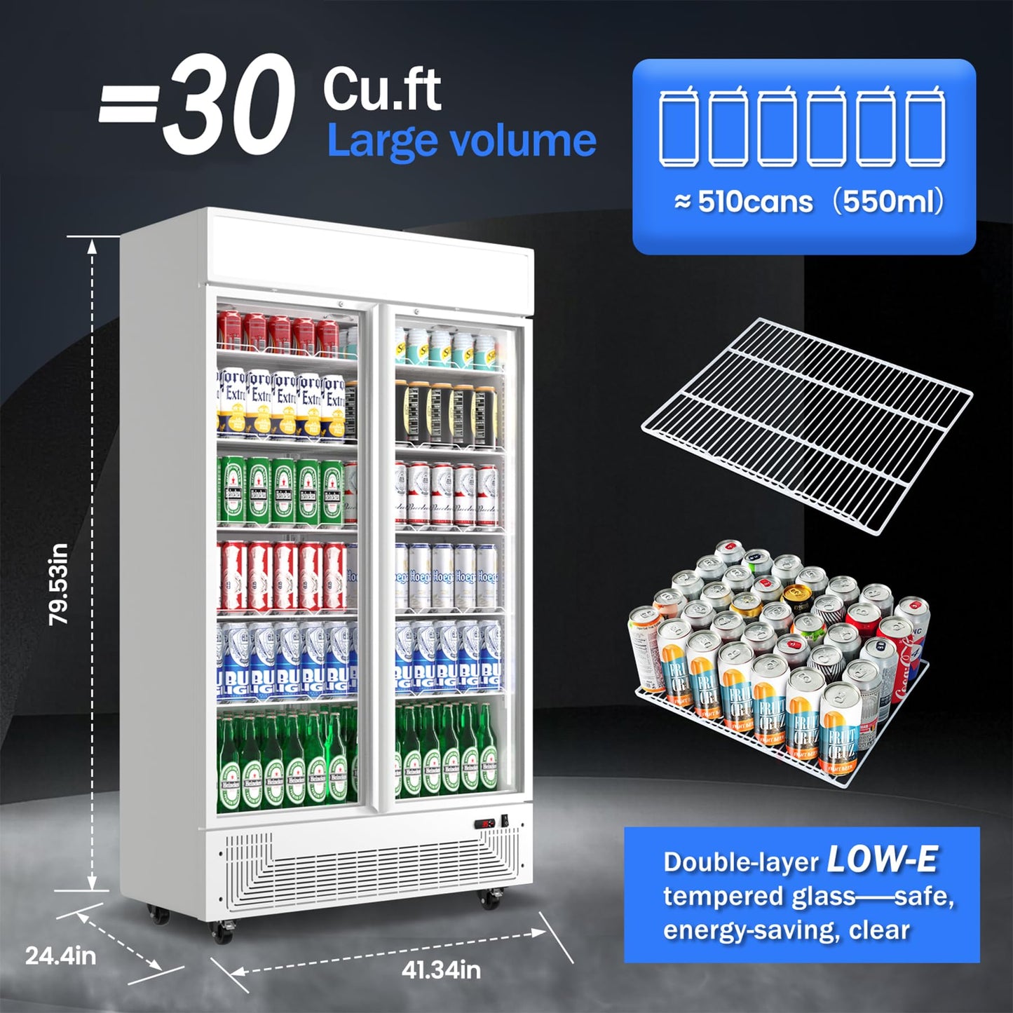 BINGERMA Commercial Merchandiser Display Refrigerator with 2 Glass Doors 30 Cu.ft Beverage Back Bar Cooler Black Drink Fridge for Convenience Stores, Supermarkets,Bars,Offices White