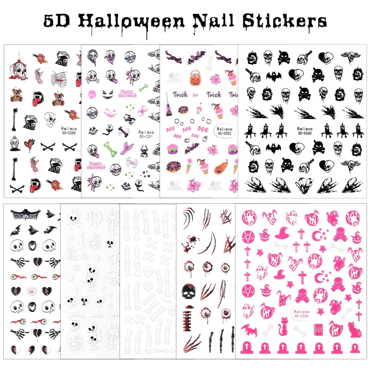 9 Sheets Halloween Nail Art Stickers 5D Embossed Nail Decals Ghost Pumpkin Bat Cat Skull Spider Web Gothic Nail Supplies for Wom