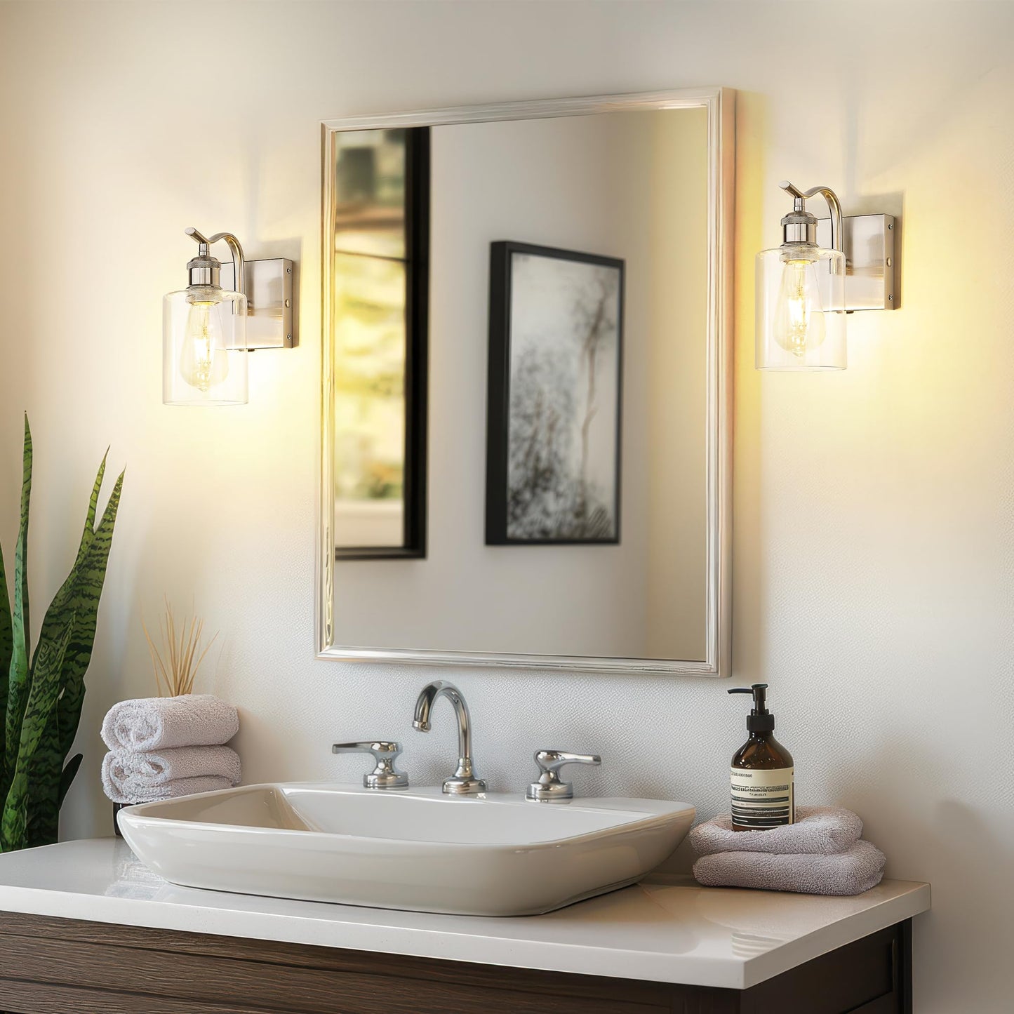 Jazava Brushed Nickel Battery Cordless Wall Sconces  Rechargeable Sconces Wall Lighting Fixture With Clear Glass Shade For Bathroom Industrial Metal Wall Mount Lamp For Bedroom Living Room Zcvl01Bn-1A
