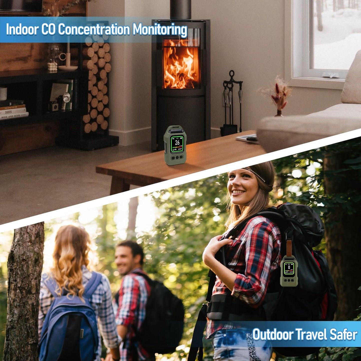 Lwuey Portable Carbon Monoxide Detector for Travel, Professional 4-in-1 Square CO Monoxide Monitor with Audible and Visual Alarm Rechargeable Backlit LCD Screen 300HR Standby for Home Car Camping Tent