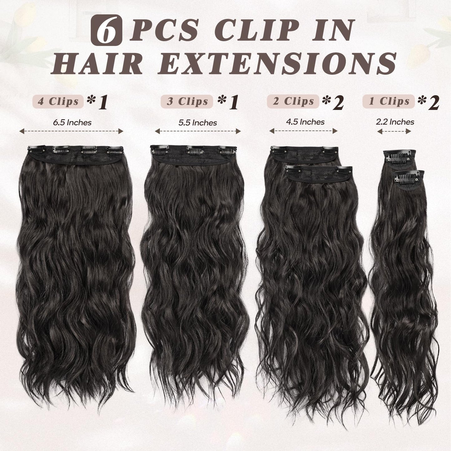 BARSDAR 20 Inch Beach Wavy Clip in Hair Extensions - 6PCS Thick, Soft Synthetic Clip Hairpieces, Full Head Black Brown Clip in H