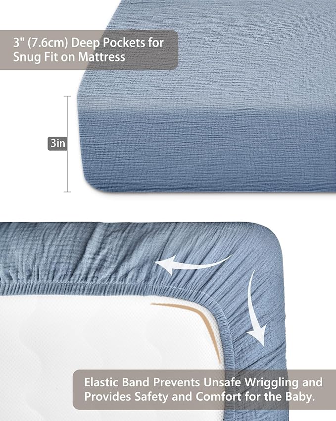 Pack and Play Sheets for Baby Boys and Girls 39"x27"x3", Neutral Muslin Cotton Pack N Play Mattresses Sheet with Boho Style, Soft and Breathable Comfort (Costume Blue)