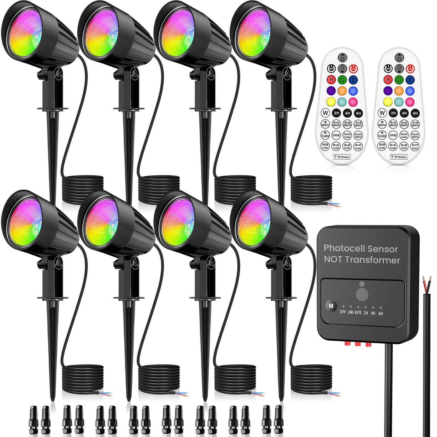 ZZXX Landscape Lighting Kit, RGB LED Outdoor Spotlight, 15W, 8 Pack, Black, Aluminum, Model DSTA15