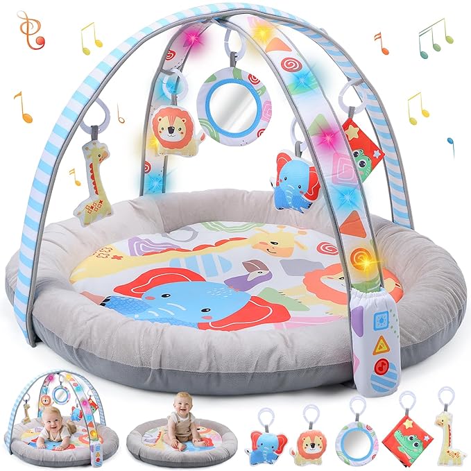 CUTE STONE Baby Gym Play Mat & Tummy Time Mat with Lights, Sounds, and Detachable Toys, Adjustable Volume Activity Gym for Infant Sensory & Motor Development, Newborn Baby Gift