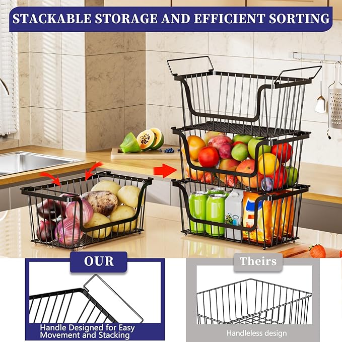 4 Pack Enhanced Leak-Proof Bottom Stackable Wire Baskets, Pantry Organizers and Storage, pantry storage，Shelf Baskets, Fruit Basket, Potato and Onion Storage Bins，(Black)
