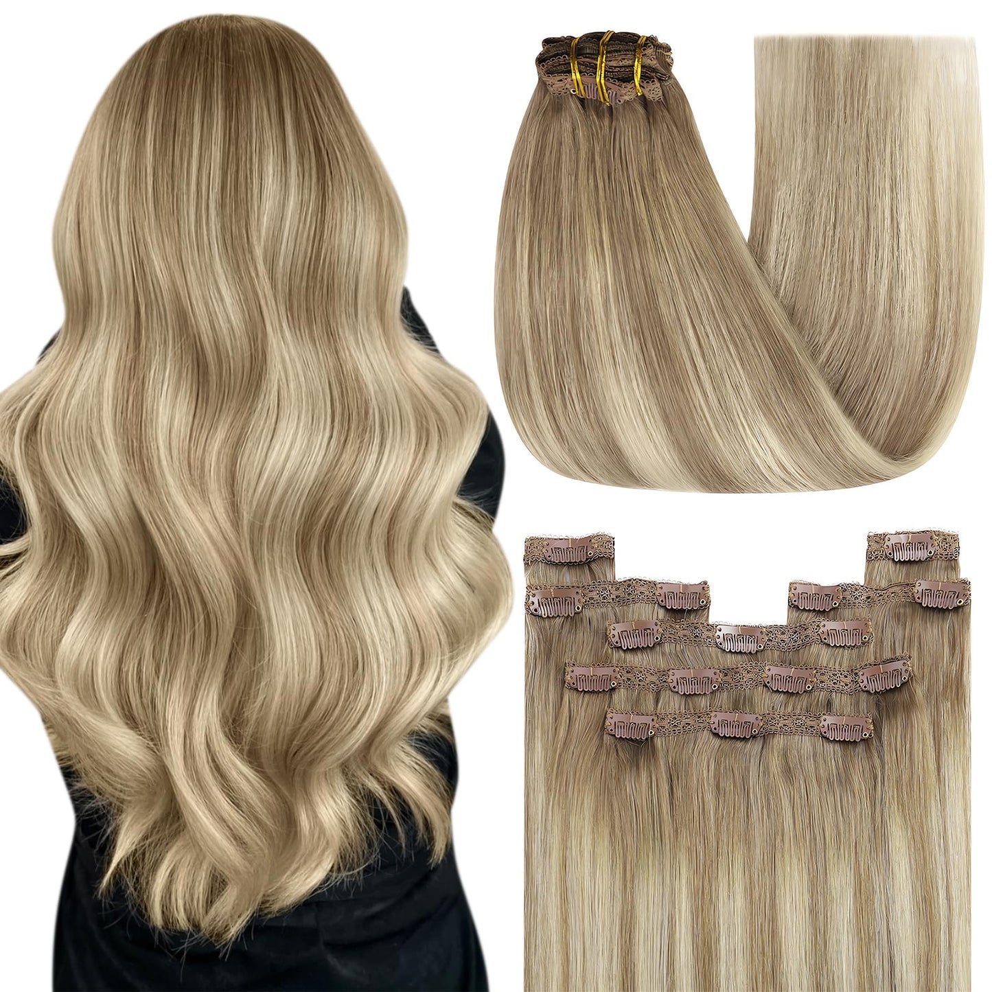 YoungSee Clip in Extensions Balayage Hair Extensions Clip ins Medium Brown Fading To Brown Mix Platinum Blonde Balayage Real Hum
