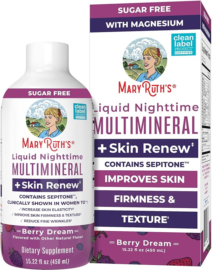 Liquid Nighttime Liquid Multimineral + Skin Renew for Women | Sleep Supplement | Reduce Fine Wrinkles | Improve Skin Firmness | Sugar Free | Magnesium | NO Melatonin | Vegan | 15 Servings
