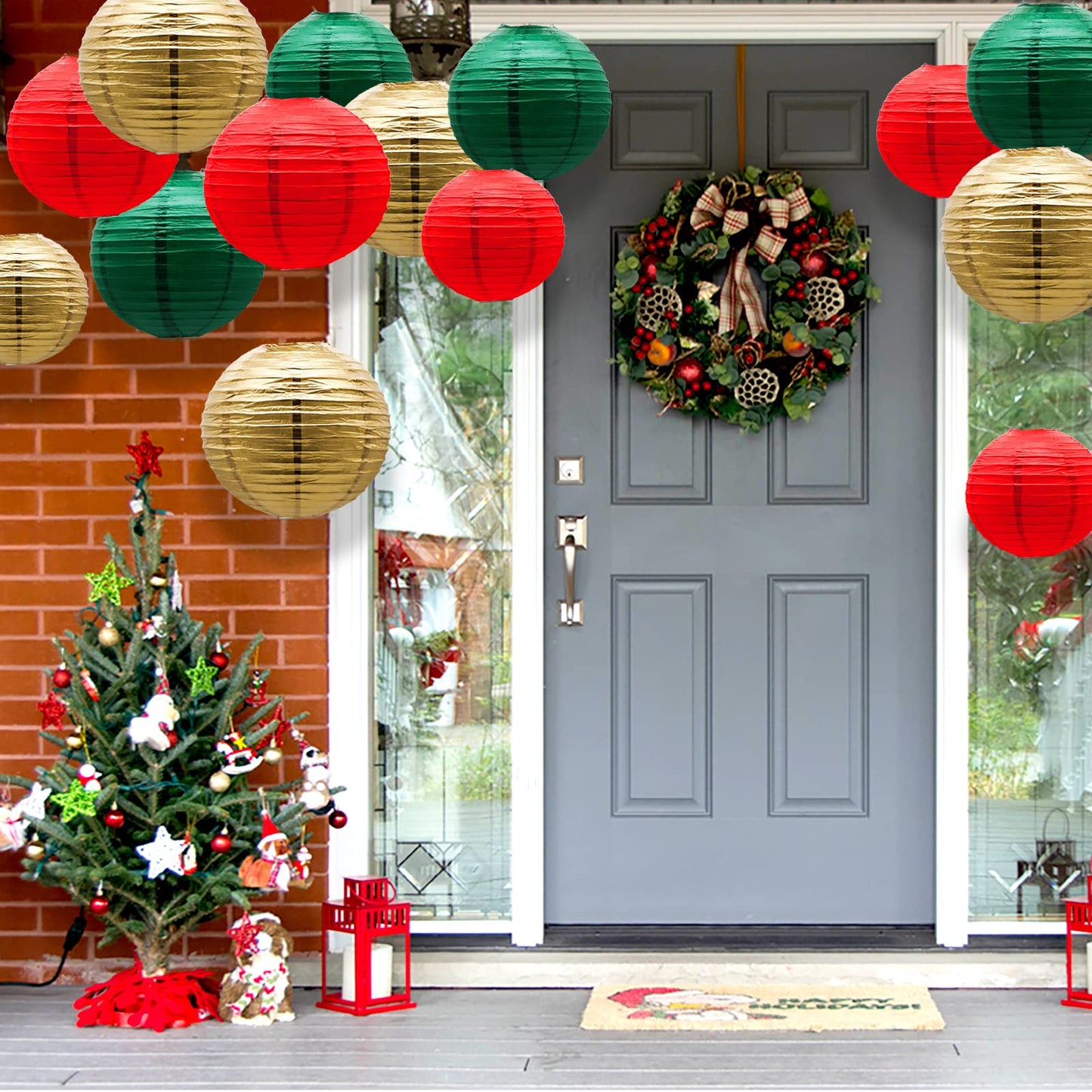ADLKGG Paper Lanterns 21pcs Decorative Round Hanging Lanterns for Christmas, Italian Party, Graduation - Green/Red/Gold