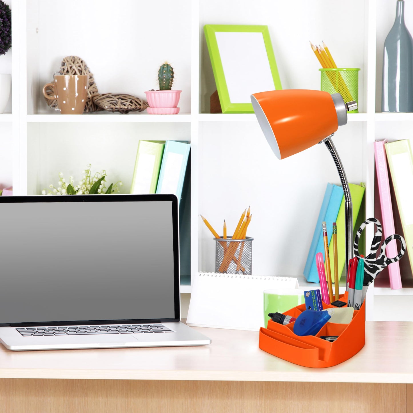 Simple Designs Gooseneck Desk Lamp with iPad Stand and Charging Outlet, 18.5in, Orange, Model LD1094-ORG, Plastic