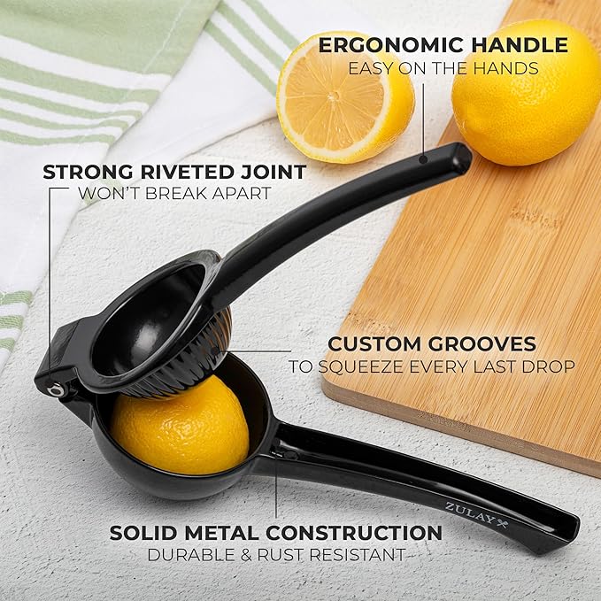 Zulay Premium Quality Metal Lemon Squeezer, Citrus Juicer, Manual Press for Extracting the Most Juice Possible - Black