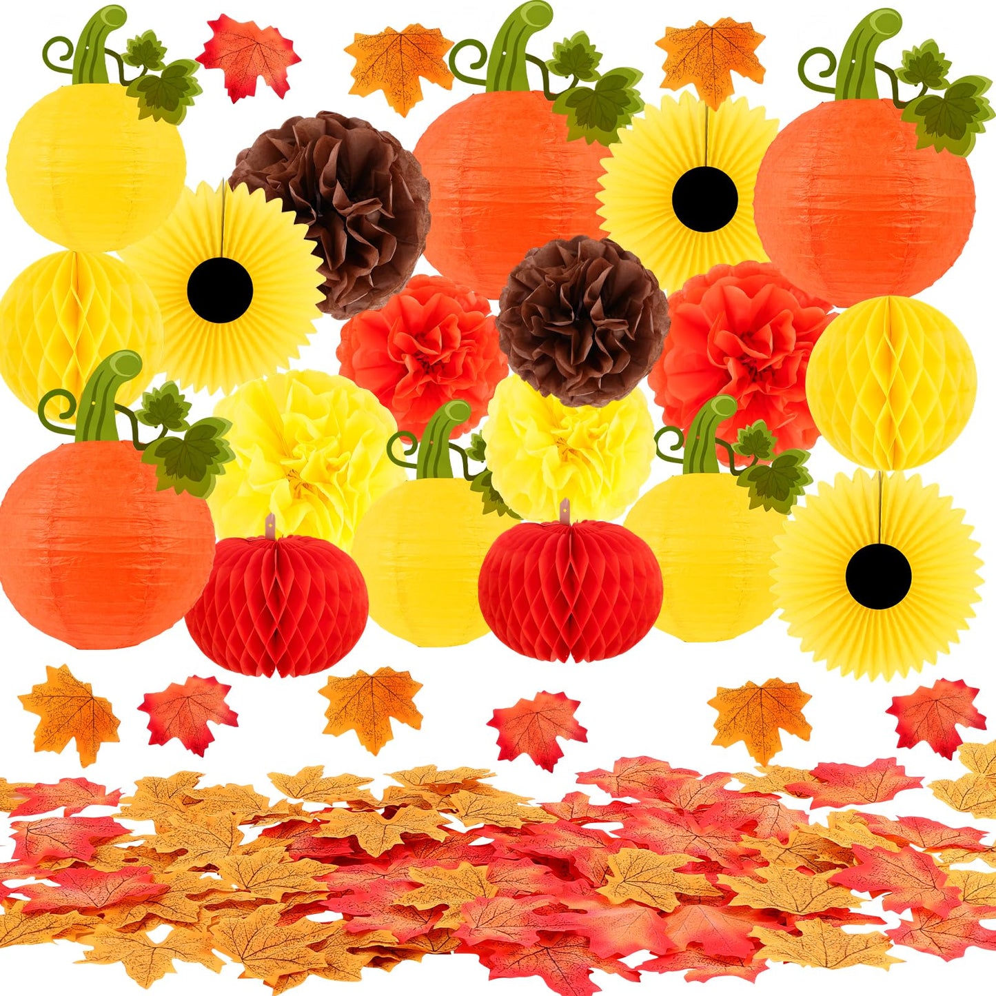 Fall Thanksgiving Party Decorations  Hanging Pumpkins Honeycomb Paper Lantern Fall Paper Fans Pompoms Maple Leaves For Autumn Harvest Baby Shower Party Decor