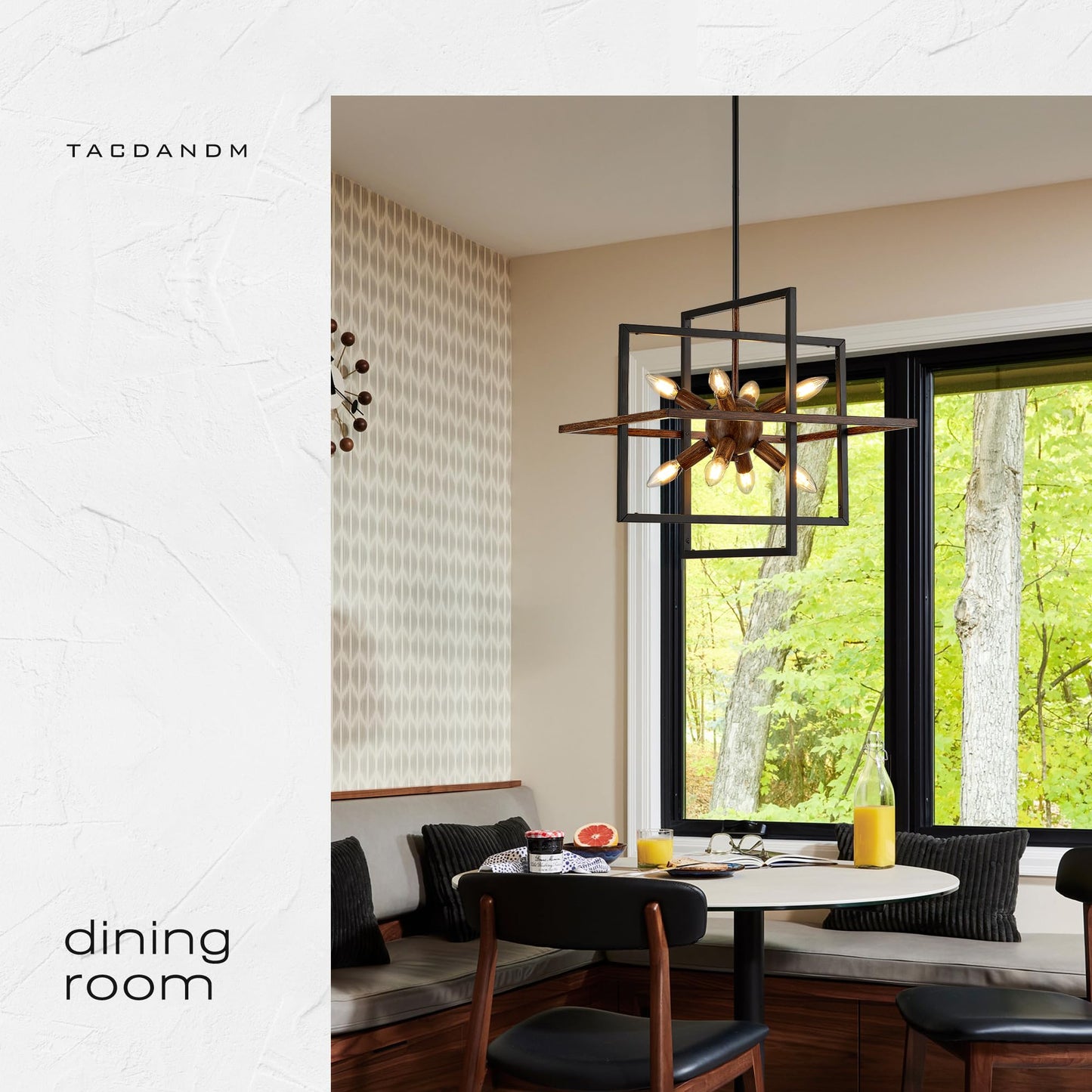 Tacdandm 8-Light Wood Grain And Vintage Black Sputnik Chandelier  18.9 Industrial Pendant Lighting Fixture For Dining Room