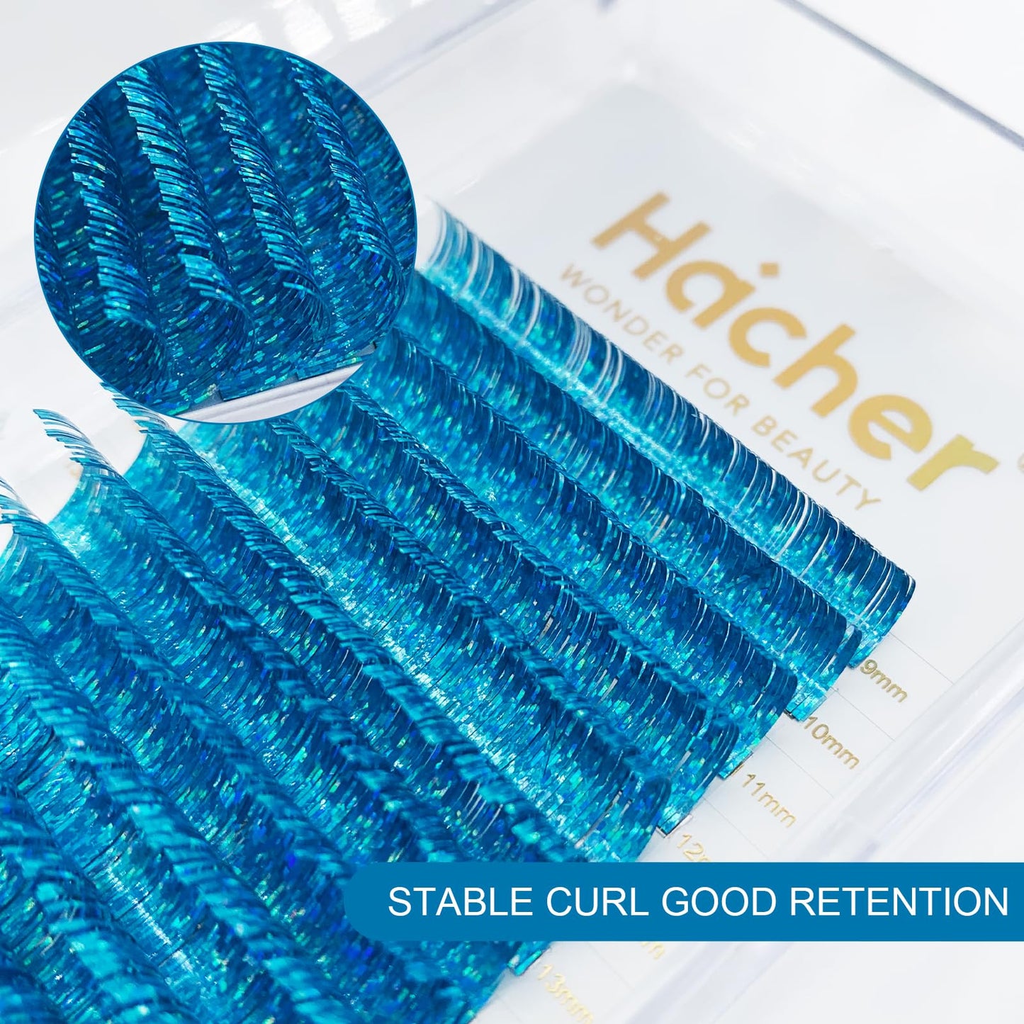 HAICHER Holographic Lash Tinsel, Colored Lash Extensions CC Curl 9-18mm Mixed Lash Trays (Blue, Volume)