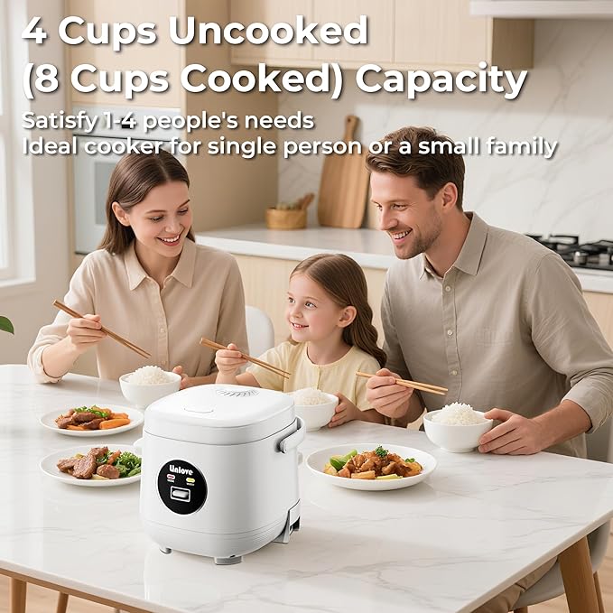 Rice Cooker Small 4 cup Uncooked,2 Quart Non-stick Mini Rice Cooker,With Stainless Steel Steamer Tray,One-Switch to Cook and Auto Keep Warm,Recipe Guide,Small space saving for 1-4 people,White