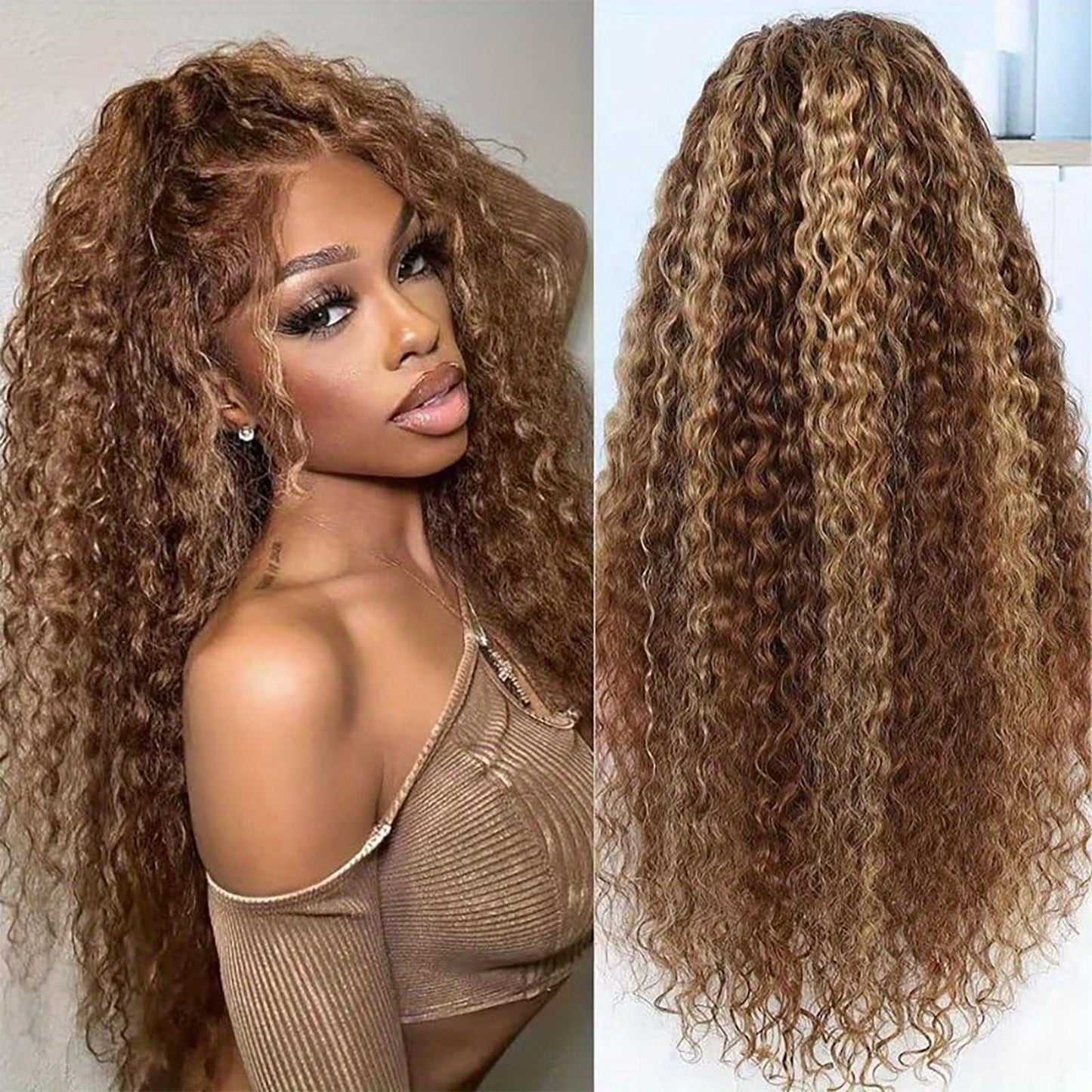 28 Inch Highlight Ombre Lace Front Wig Human Hair 13x6 HD Honey Blonde 4/27 Deep Wave Lace Front Wigs Human Hair 180% Density Co