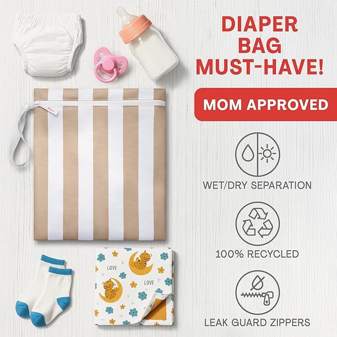 Bodysurf Wet Bag for Swimsuit, Beach, Pool, Gym, Travel, Dirty Laundry - Wet Bags for Baby, Kids, Toddlers, Pump Parts, Cloth Diapers - Reusable Waterproof Striped Makeup & Toiletry Pouch - Sand