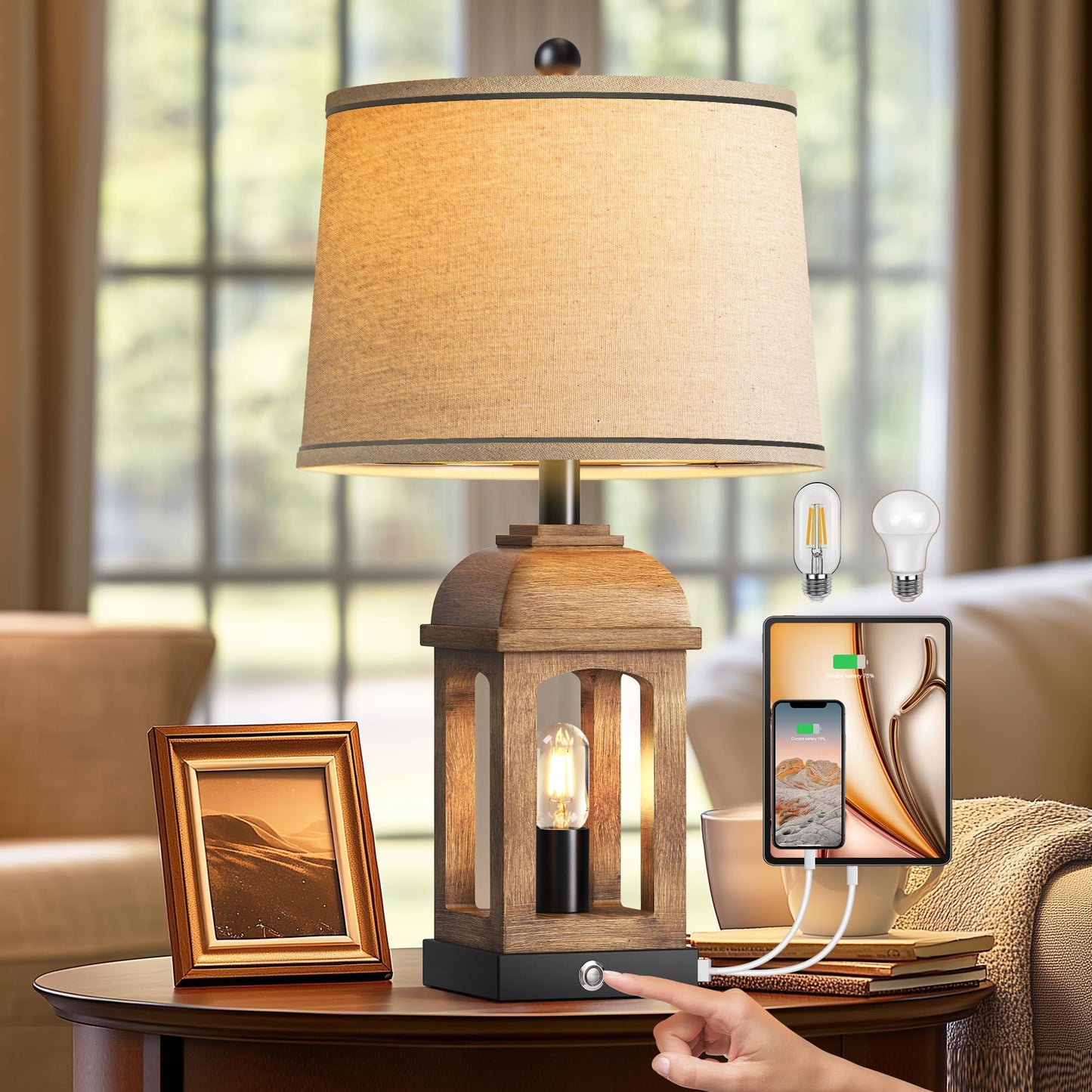 QiMH Table Lamp - Rustic 26in Nightstand Lamp with 3-Way Dimmable Touch Control, USB A+C, Wood Grain, 1 Pack