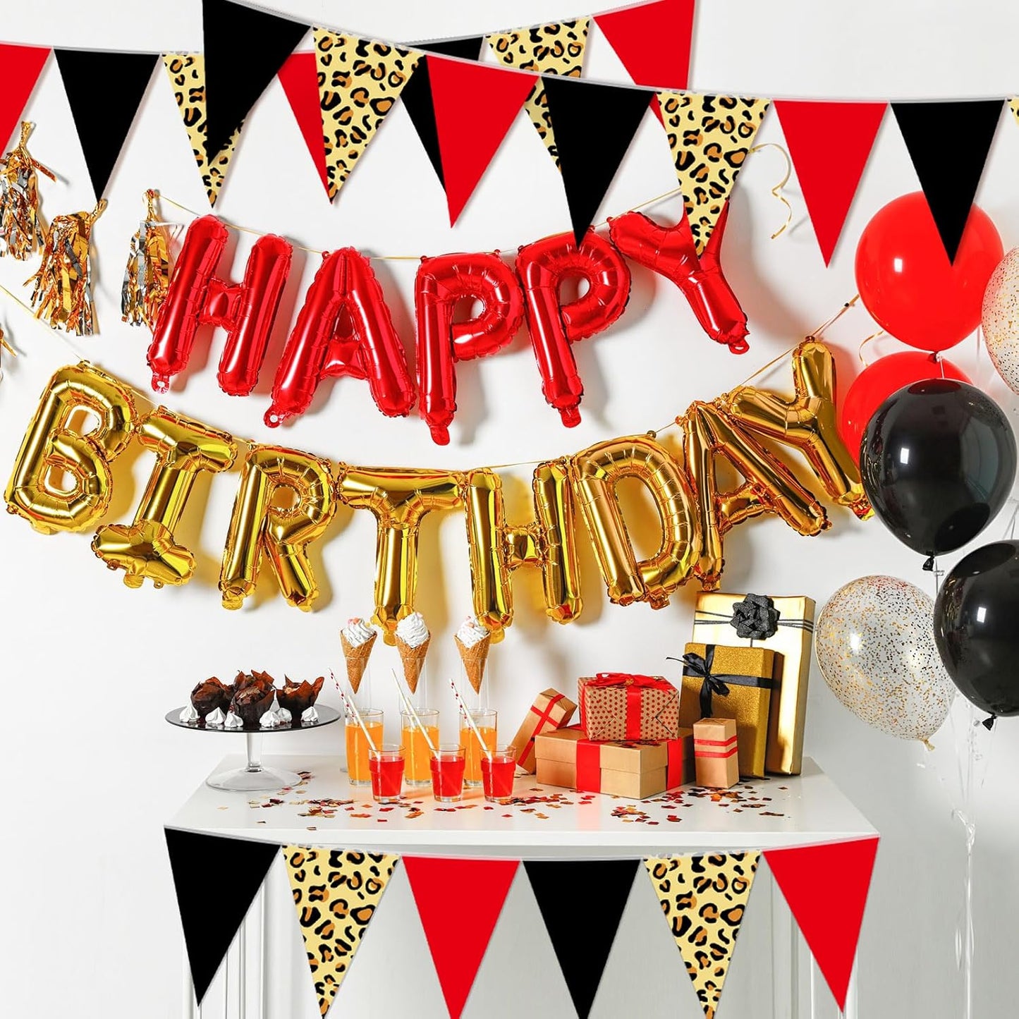 Pasimy 49.21 ft 60 Pieces Cheetah Print Theme Party Pennant Banner Flags Decor Black and Red String Triangle Flags for Baby Shower Family Farm Red Black Birthday Party Decorations Supplies
