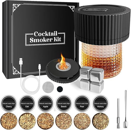 Electric Whiskey Smoker Kit–Rechargeable Cocktail Smoker Kit with Built-in Lighter, 6 Wood Chip Flavors–Old Fashioned Smok...