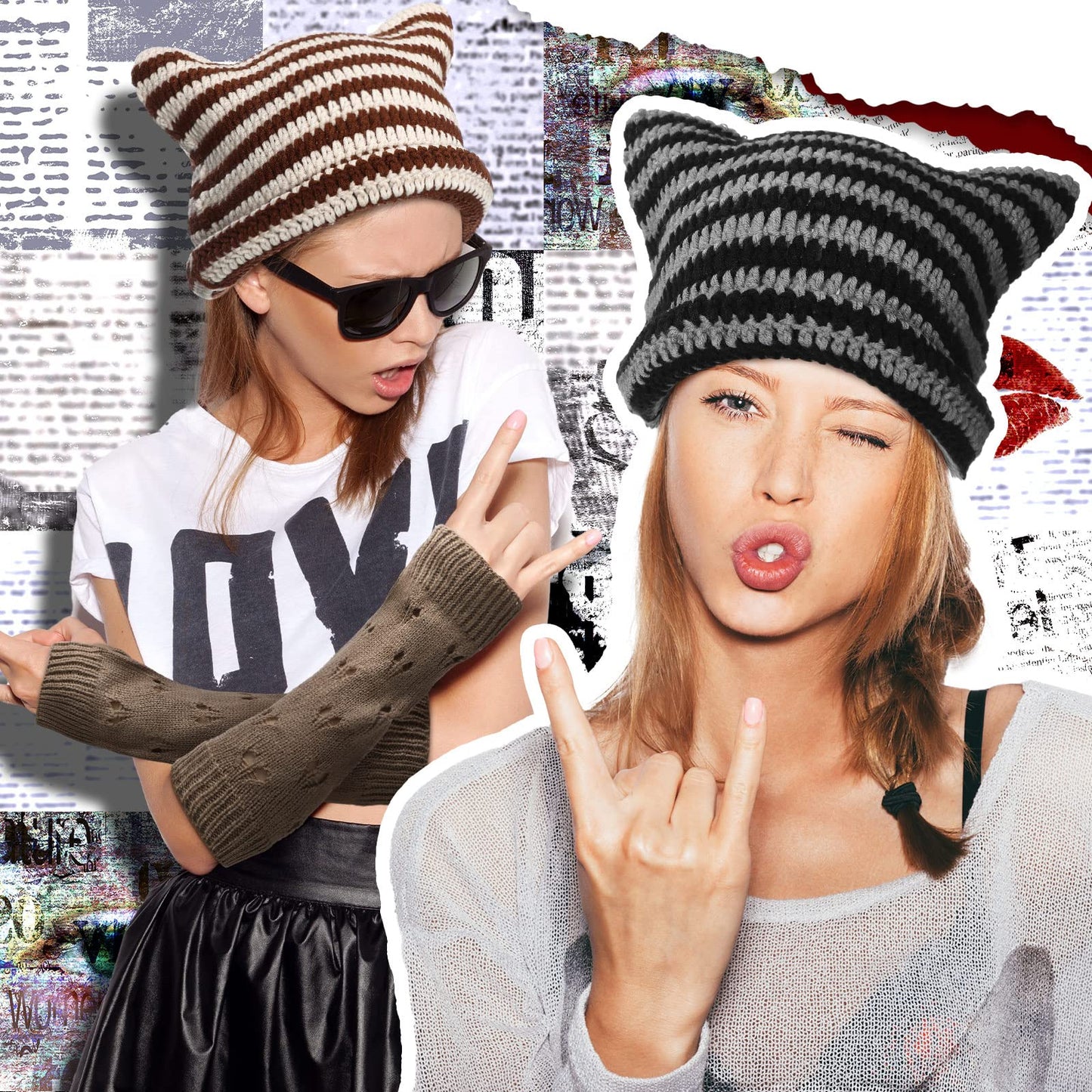 Hercicy 4 Pcs Fairy Grunge Accessories 2 Pcs Y2k Grunge Knitted Cat Beanie 2 Pair Ripped Gloves Winter Warm Knitted Stripe Crochet Hats Beanies with Ears Crochet Glove for Women