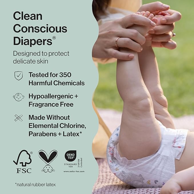 The Honest Company Clean Conscious Diapers for Delicate Skin | Up to 100% Leakproof | Hypoallergenic, Fragrance Free | Fall '25 Limited Edition Prints | Club Box, Size 4 (22-37 lbs), 54 Count