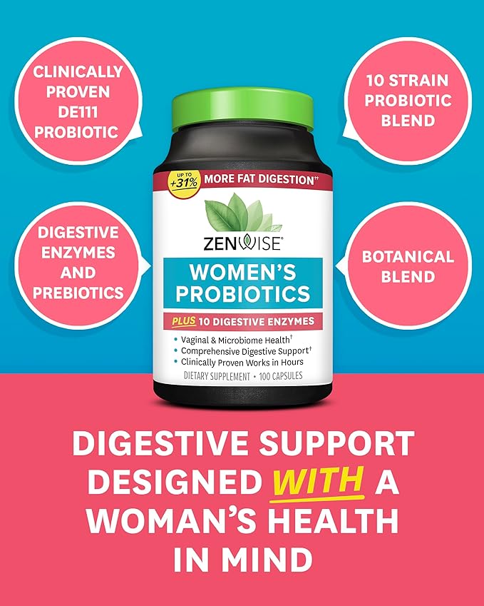 Zenwise Health Probiotics for Women - Digestive Enzymes for Bloating Relief, Vaginal Health, and Gut Flora Health, Daily Women Probiotic & Prebiotic Supplement for Digestive Health - 100 CT
