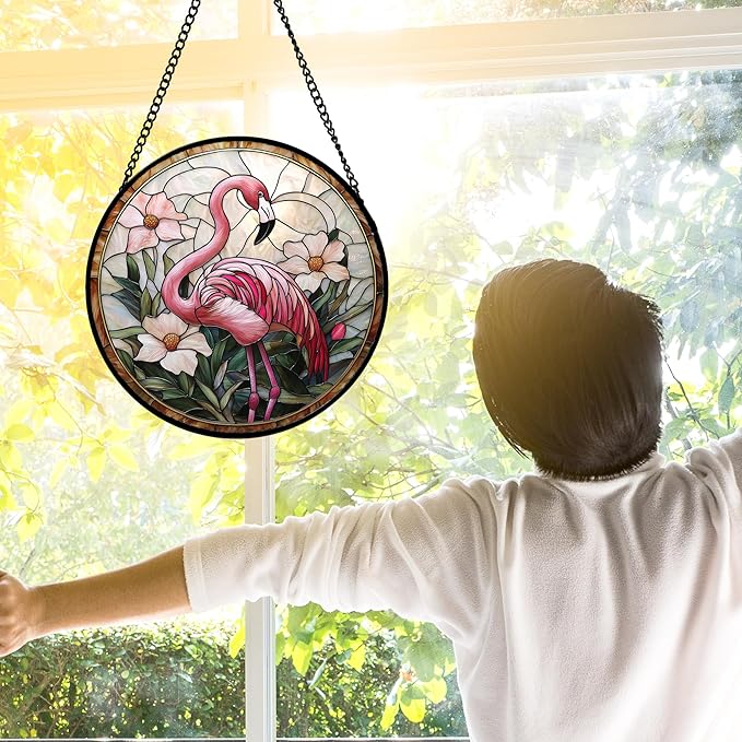 Stained Glass Window Hanging, Flamingo Flower Sun Catchers Diamond Glass Panel Hangings Pink Suncatcher Decor for Birthday for Women, Men, Wife, Aunt, and Mom 11.8x11.8 in