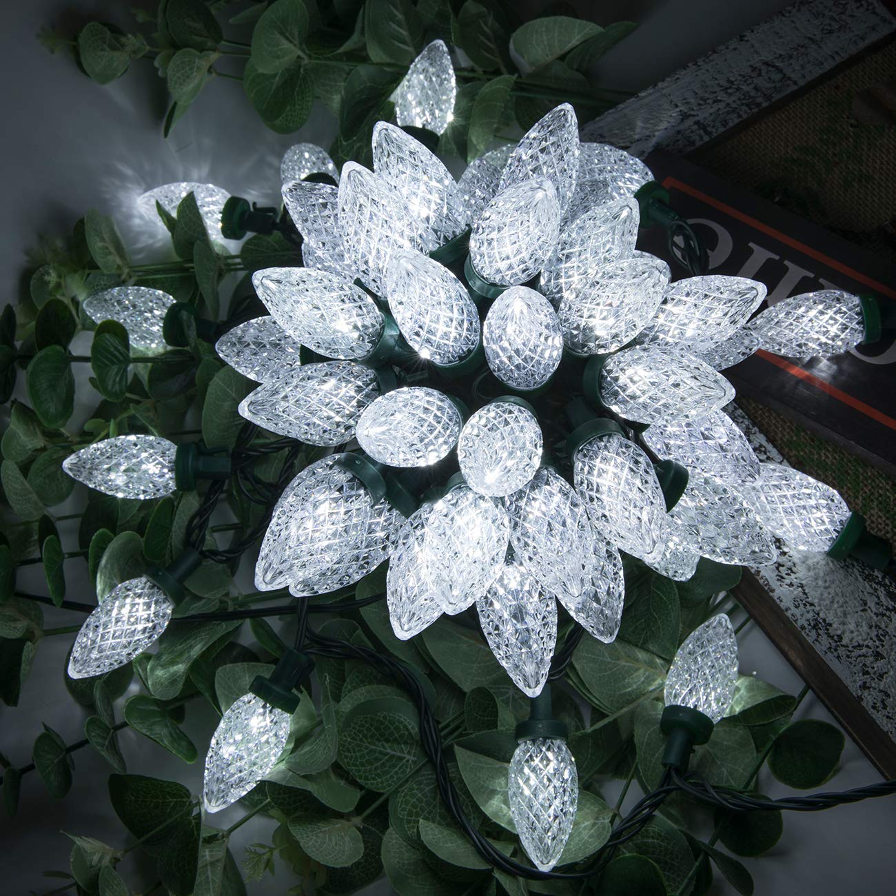 AWQ C9 Christmas String Lights, 100LED, 81FT, Waterproof, 8 Modes, White