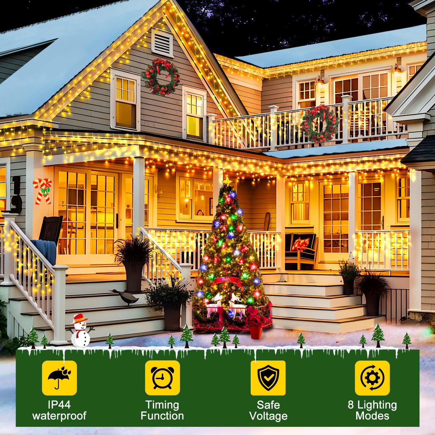 KNONEW LED Christmas Lights Outdoor 164FT 1600LED Warm White Waterproof Plug-in with Timer 8 Modes Model KN-1000-LIG168-01
