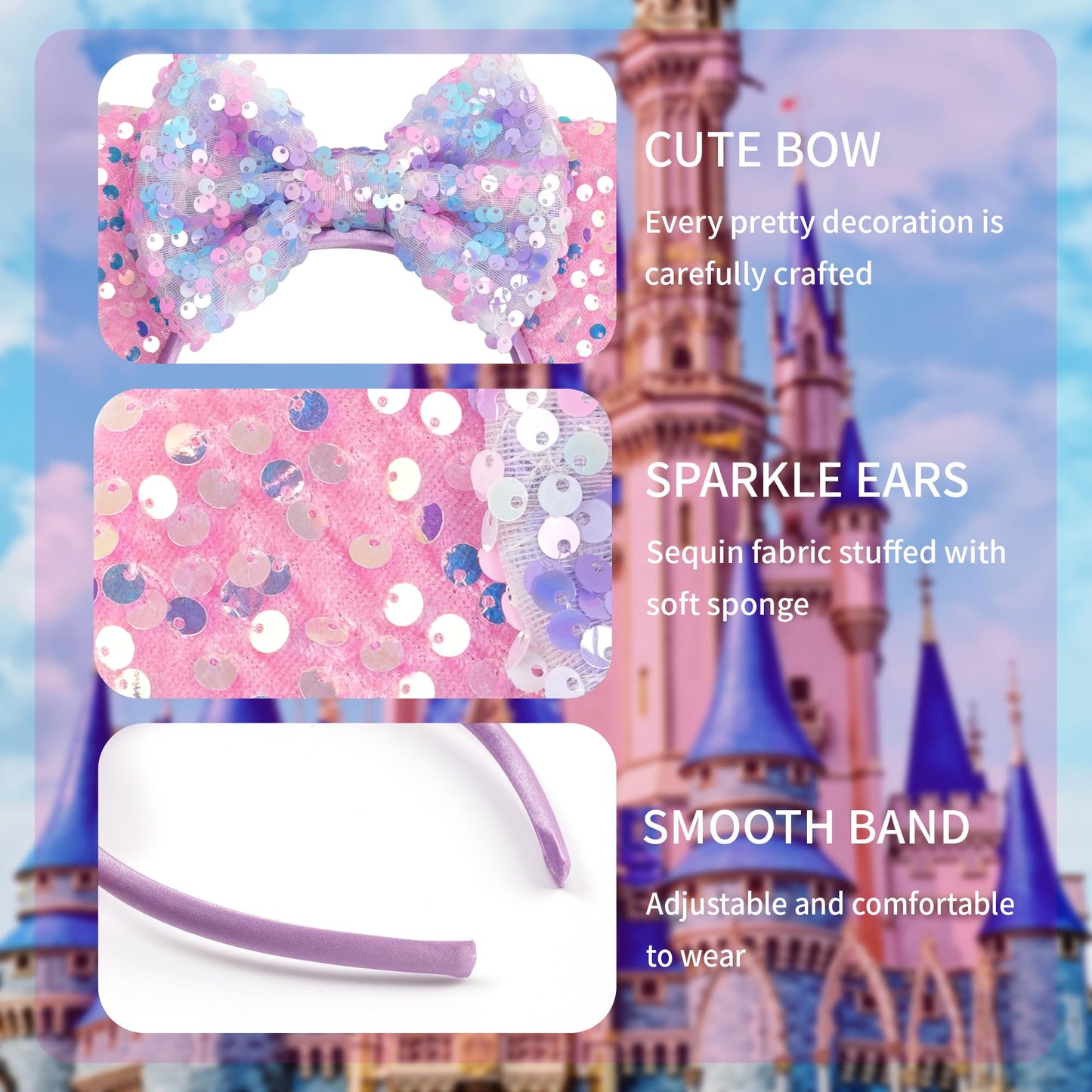 zhezesmila Sparkling Mouse Ears Sequin Bow Ears Headband for Women Hair Band Dazzling Accessories Headwear for Princess Costume