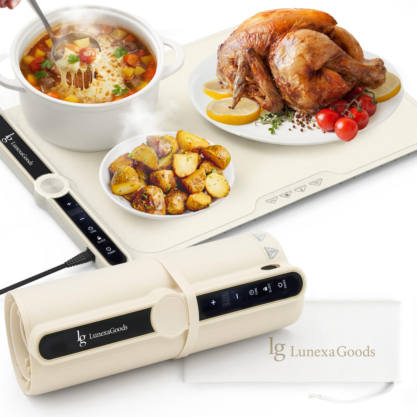 LunexaGoods Food Warming Mat, 9-Temperature Electric Heating Tray with Timer & Safety Lock, Silicone Roll-Up Buffet Warmer for Countertop, Parties, Home & Travel (Beige)