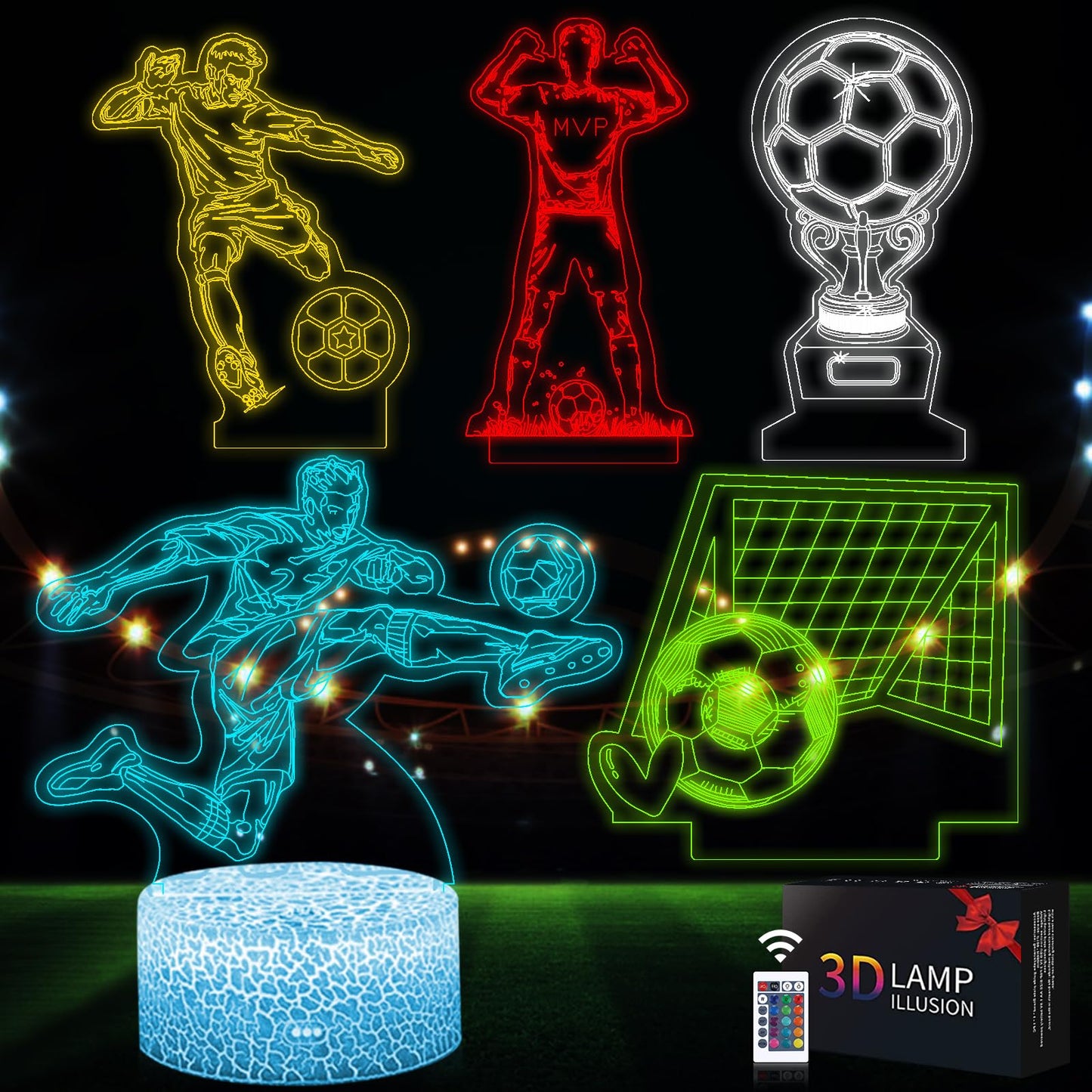 Shellvcase Soccer Night Light 3D Lamp Set with Remote Control, 16 Colors, 5 Pcs, Kids Gift, Model 3736651, Color 5pc-Soccer