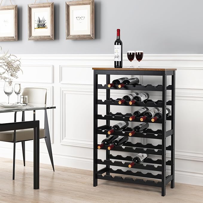 VASMIA 42 Bottles Bamboo Wine Rack,7-Tier Wine Rack Freestanding Floor with Table Top, Wine Storage Shelf for Kitchen Dining Room Bar,Rustic Brown and Black