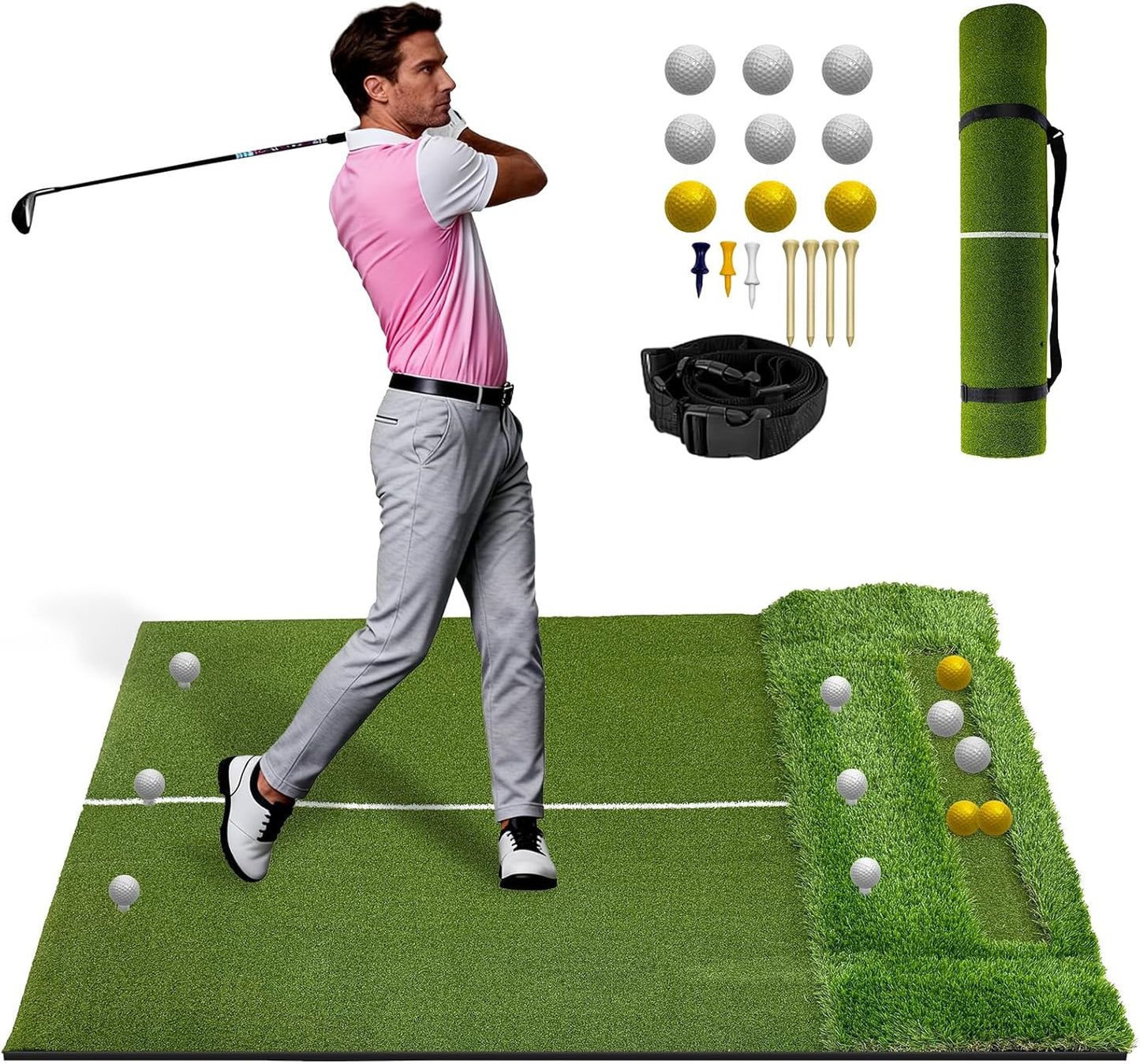 Dual-Turf Golf Mat with Ball Tray, 5x4FT 21mm/50mm Thickened Golf Hitting Mat for Indoor/Outdoor Practice, Turf Driving Range Mat for Golf Simulators and Chipping Swing Driving Training