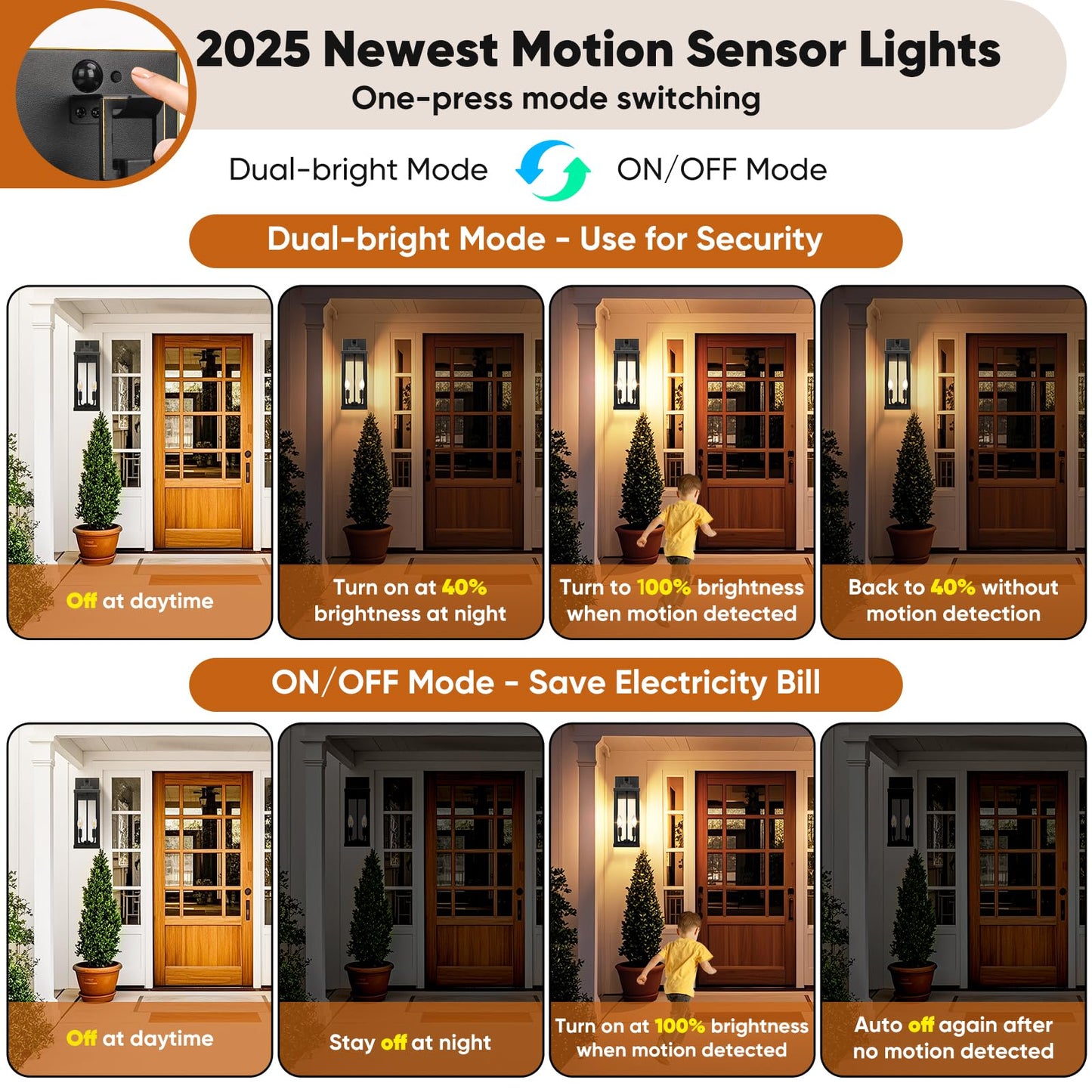 Beslowe 18  Upgraded Motion Sensor Outdoor Wall Lights  Dusk To Dawn Porch Lights Outdoor Wall Sconces  3 Lighting Modes Exterior Lighting Fixtures With Hooks  Bronze Outside Lights For House  2-Pack