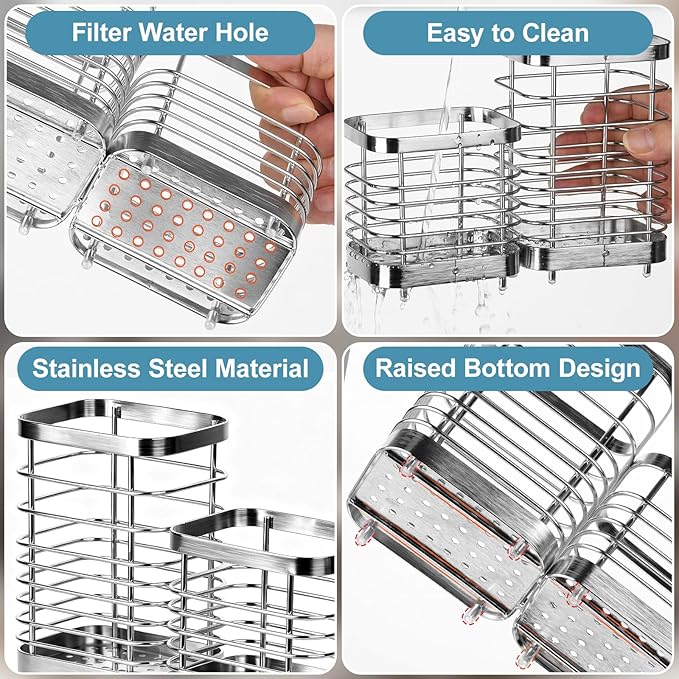 Utensil Holder, Stainless Steel Utensil Drying Rack for Kitchen Counter, Silverware Cutlery Flatware Holder Forks, Knives, Spoons, Chopsticks Organizer (Silver, Tall & Short)