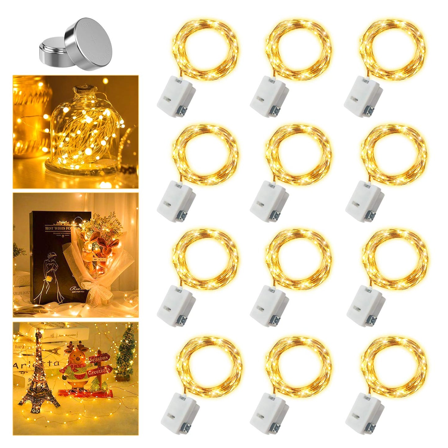 Merfino 12 Pack Fairy Lights, Warm White, Battery Operated, 20 LEDs, Waterproof, 7Ft, Model ZLDC01#