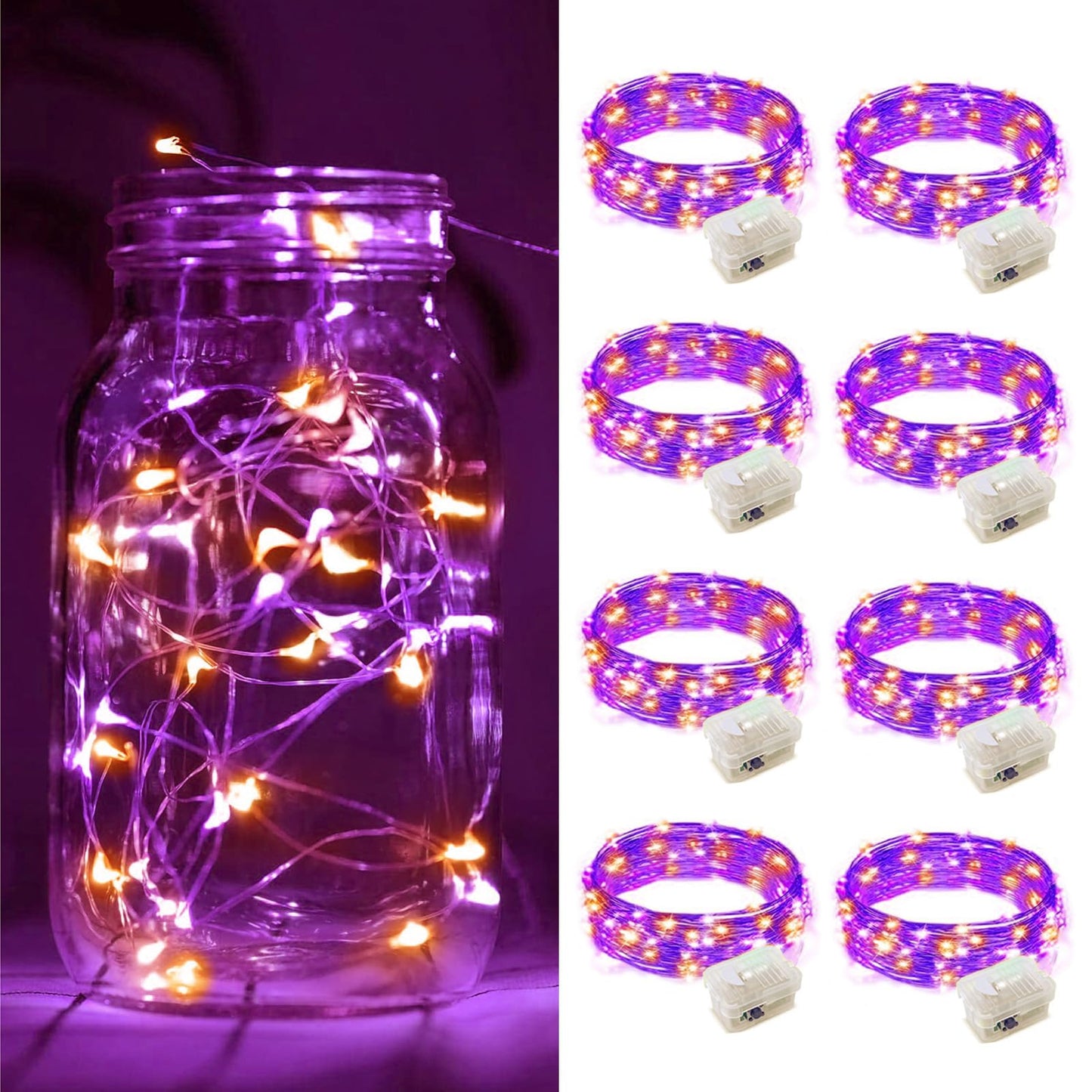 Zgwj 12 Pack Fairy Lights Battery Operated  7Ft 20 Mini Led Fairy String Lights Silver Wire 3 Modes For Diy  Parties  Wedding  Bedroom  Halloween Christmas Decoration Orange& Purple