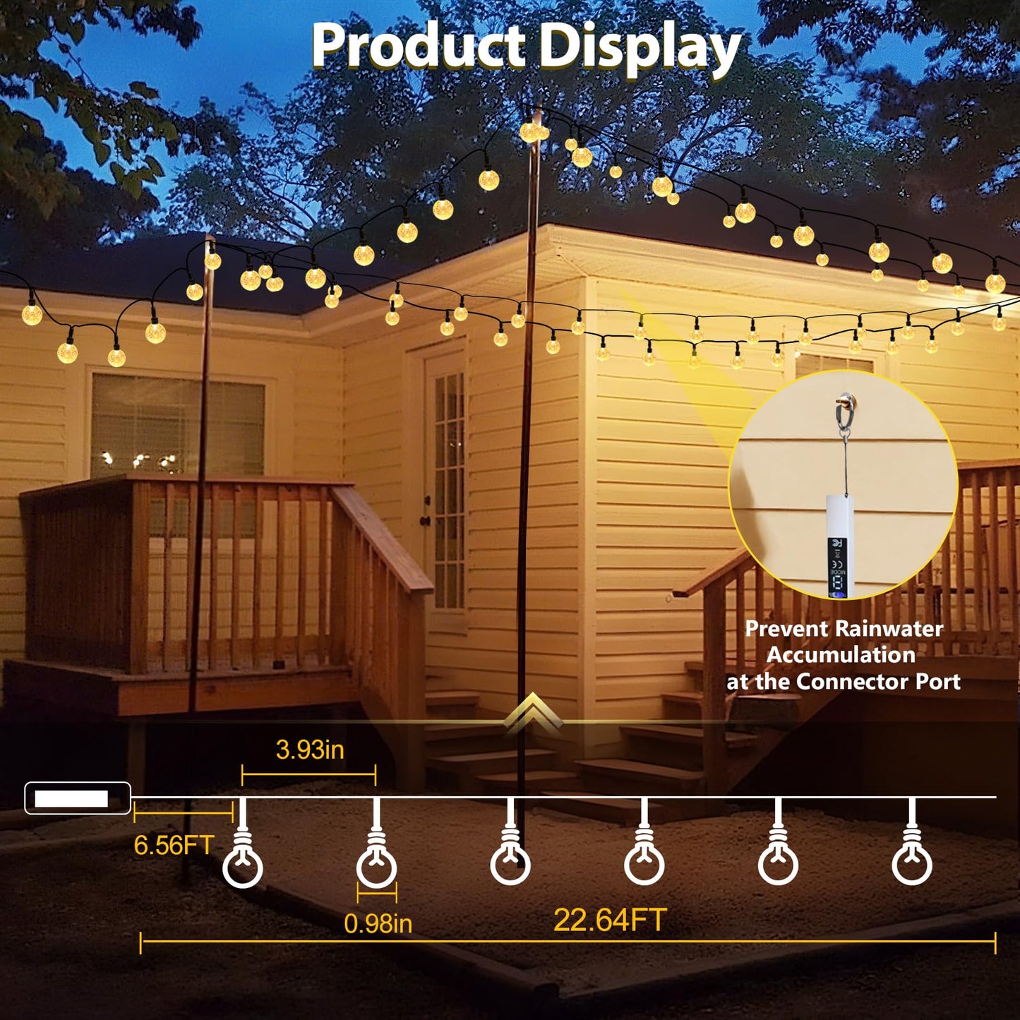 SeaShine 22ft Rechargeable Battery Operated String Lights - 50LEDs Crystal Globe, IP65 Waterproof, Warm White