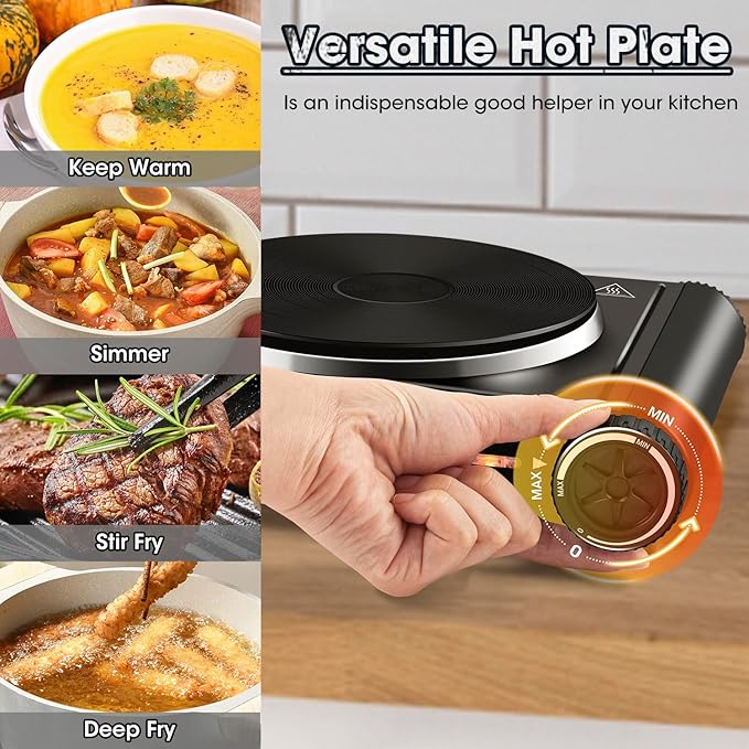 CUSIMAX Hot Plate,1500W Electric Portable Cast Iron Stove with Temperature Controls,Hot Plates for Cooking,Compatible for All Cookwares,Concealed Handle,Easy to Clean