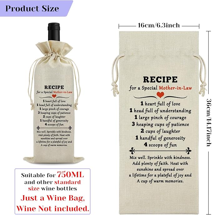 Mother in Law Gift Wine Bags Wedding Thank You Gift for Mother in Law from Daughter in Law Birthday Gifts for Mother in Law Bonus Mom Gift Christmas Mothers Day Gifts Drawstring Wine Bottle Bag