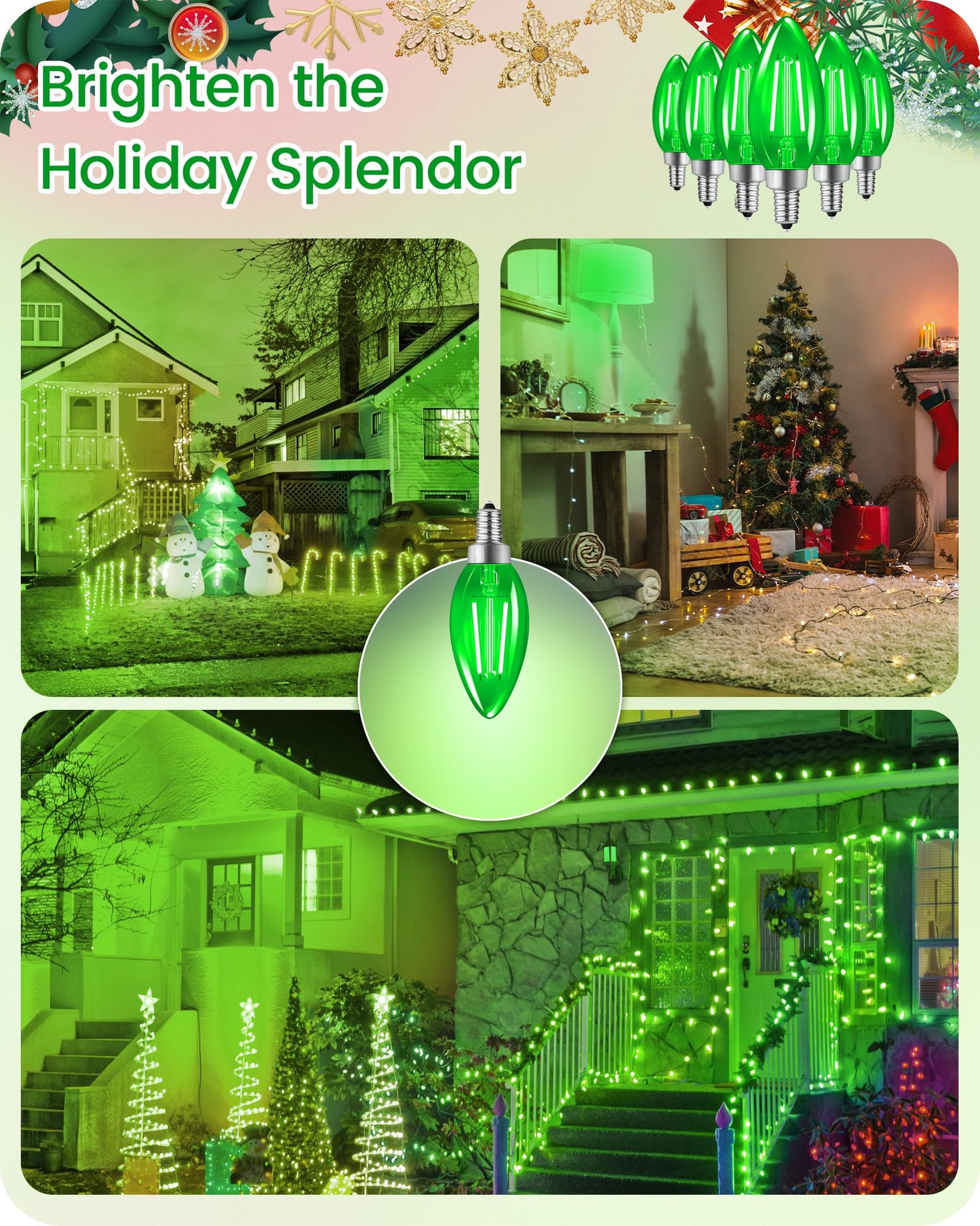 Goebleson Green E12 Led Light Bulbs  C35 5W (60W Equivalent) Glass Dimmable Chandelier Bulbs  Decorative Lighting For Christmas  Halloween  Party  Holiday Decoration  6 Pack J2C3P605