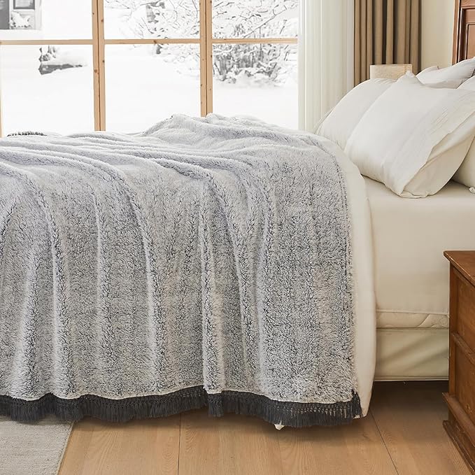 EMME Fuzzy Blanket Soft Fleece Throw Blankets for Women, Fluffy Sherpa Throws(Tassel Grey,108"x90")