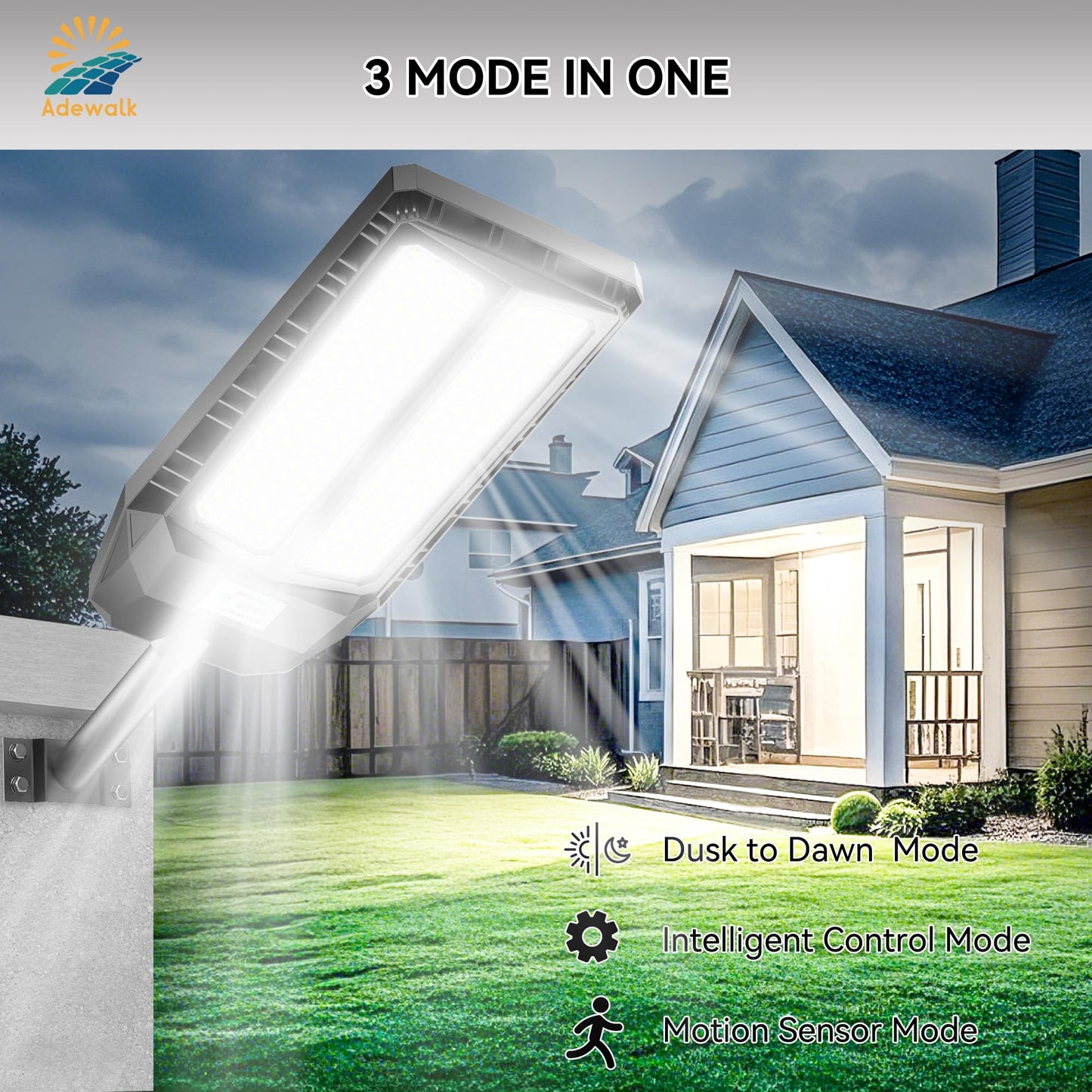 Adewalk 6000W Solar Lights Outdoor Motion Sensor LED Flood Light, 7000K Cool White, 2 Pack, Model TW001, Waterproof for Garden Pathway