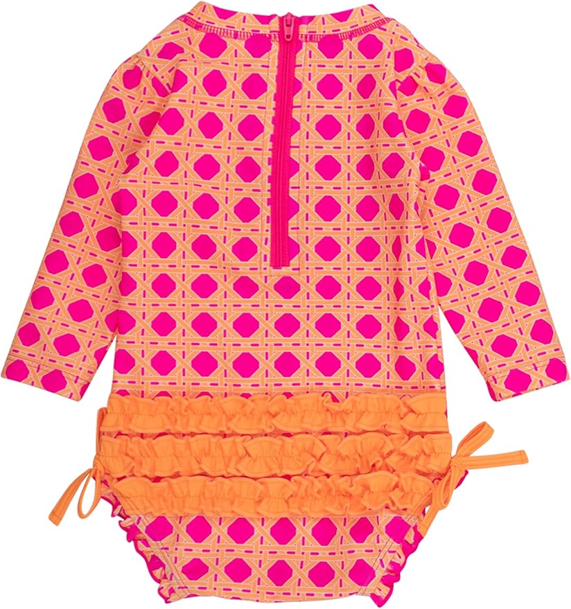 RuffleButts Baby Girls UPF 50+ Sun Protection Novelty Print Long Sleeve One Piece Rash Guard Swimsuit with Zipper