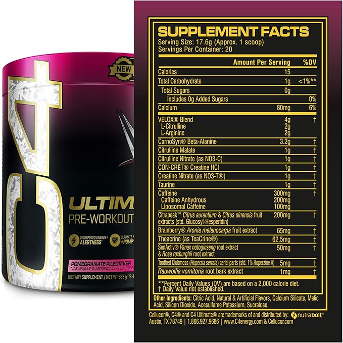 Cellucor C4 Ultimate x WWE Pre Workout Powder Pomegranate PileDriver - Sugar Free Preworkout Energy Supplement for Men & Women - 300mg Caffeine + 3.2g Beta Alanine + Patented Creatines - 20 Servings