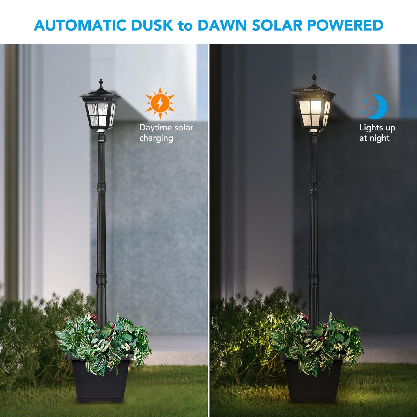 Kemeco Solar Post Light ST4311AHP, Dusk to Dawn Outdoor Lamp with Planter, Black, for Lawn Yard Garden Patio Deck Landscape Decor
